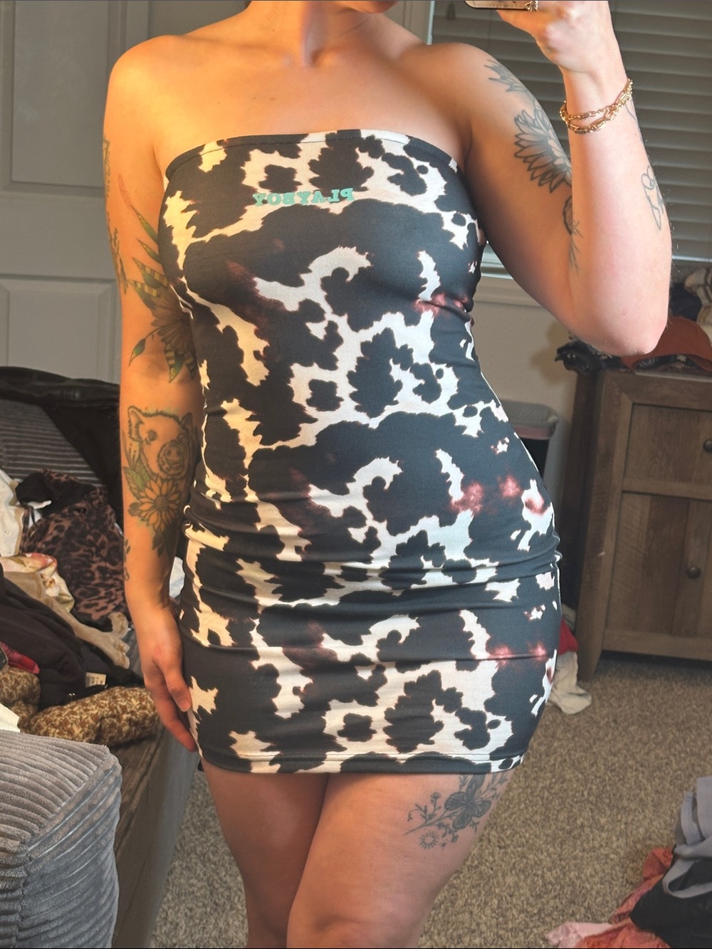 Playboy Strapless Cow Print Bodycon Dress - Black & White